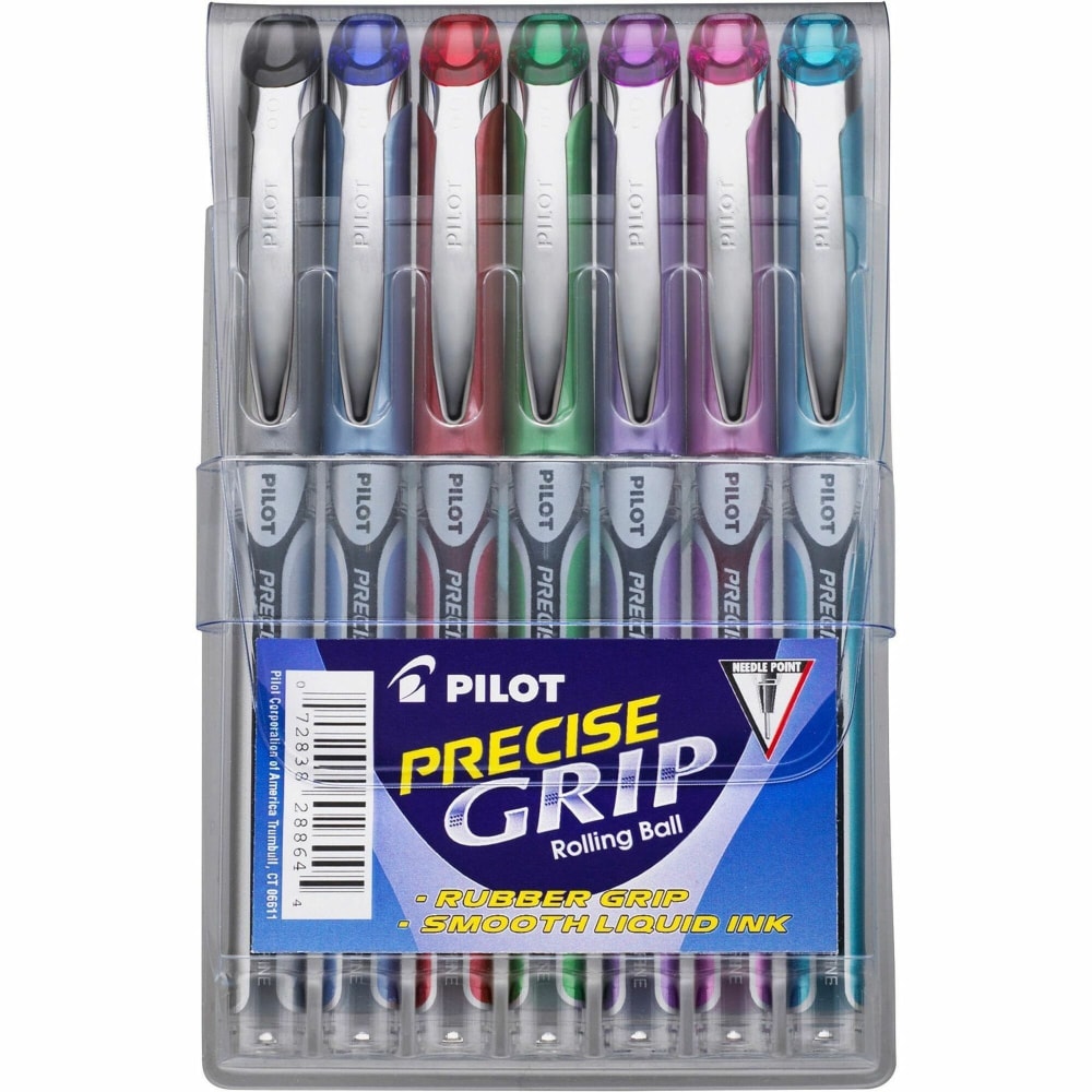 Pilot Precise Grip Liquid Ink Rollerball Pens, Needle Point, 0.5 mm, Assorted Metallic Barrels, Assorted Ink Colors, Pack Of 7 Pens