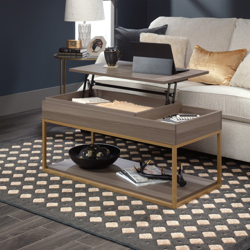 Sauder International Lux Lift-Top Coffee Table, Rectangular, Diamond Ash/Satin Gold