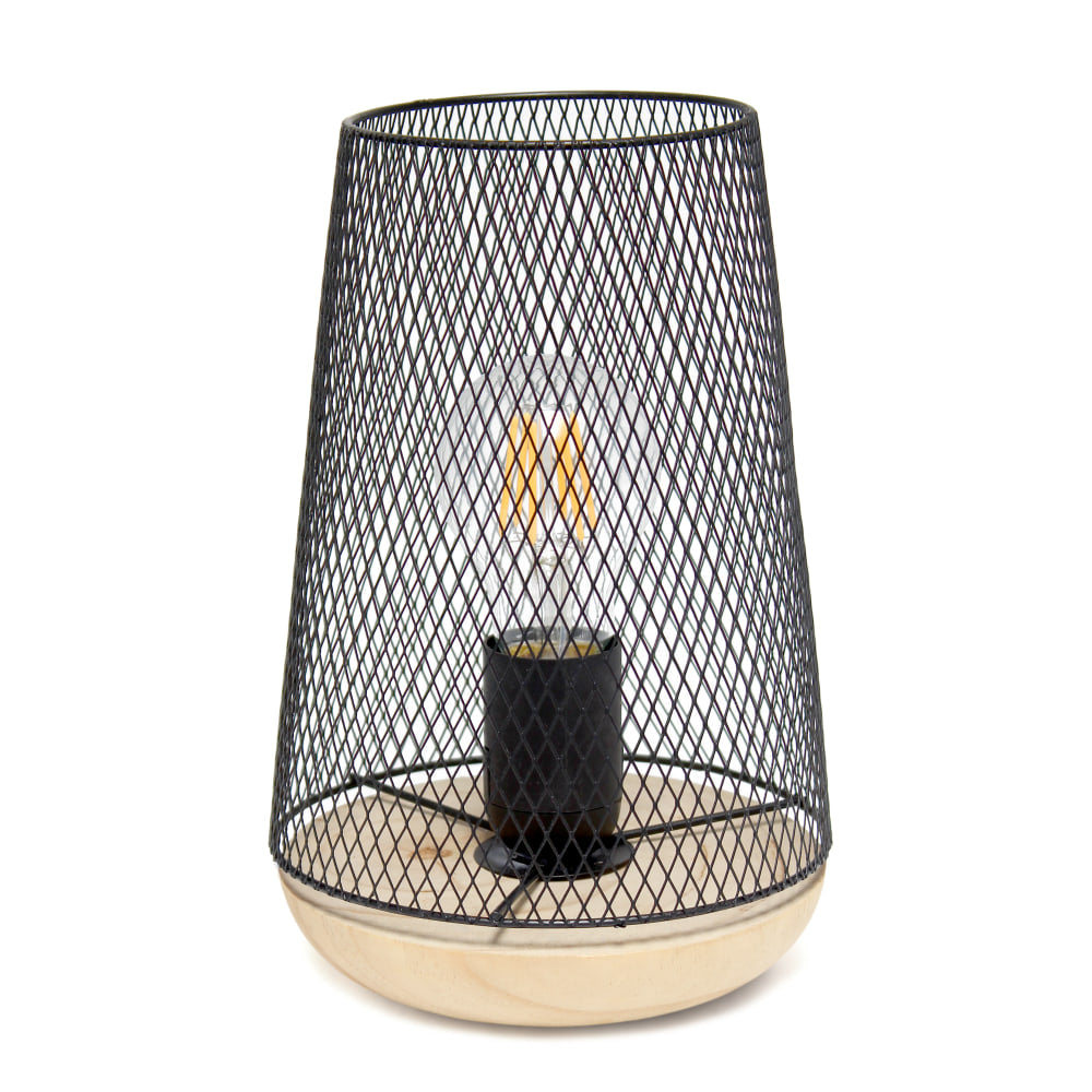 Simple Designs Wired Mesh Uplight Table Lamp, 9inH, Black Shade/Natural Wood Base