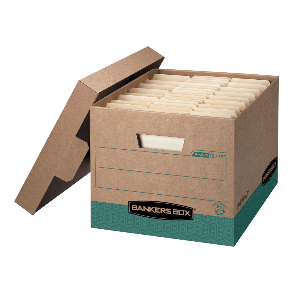 Bankers Box R Kive FastFold BAA Compliant Heavy-Duty Storage Boxes With Locking Lift-Off Lids And Built-In Handles, Letter/Legal Size, 15D x 12in x 10in, 100% Recycled, Kraft/Green, Case Of 12