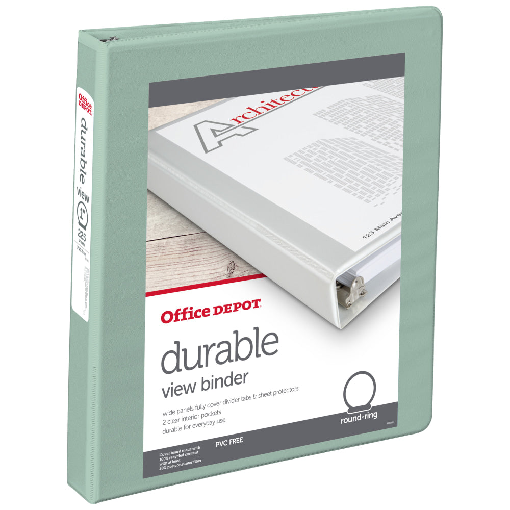 Office Depot Brand 3-Ring Durable View Binder, 1in Round Rings, Sage