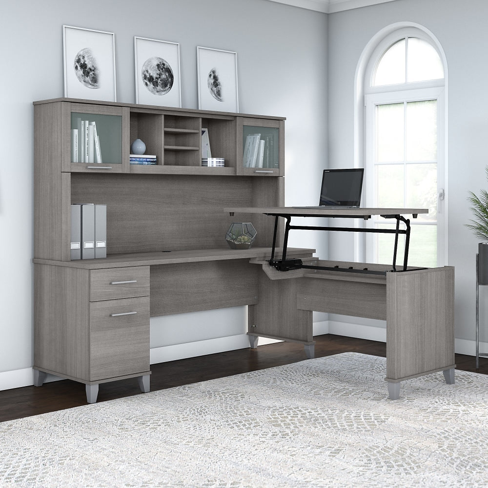 Bush Furniture Somerset 72inW 3-Position Sit-To-Stand L-Shaped Desk With Hutch, Platinum Gray, Standard Delivery