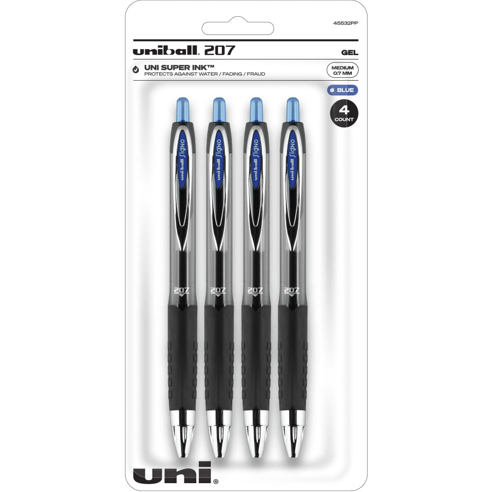 uniball 207 Gel Pens, Pack Of 4, Medium Point, 0.7 mm, Translucent Black Barrel, Blue Ink