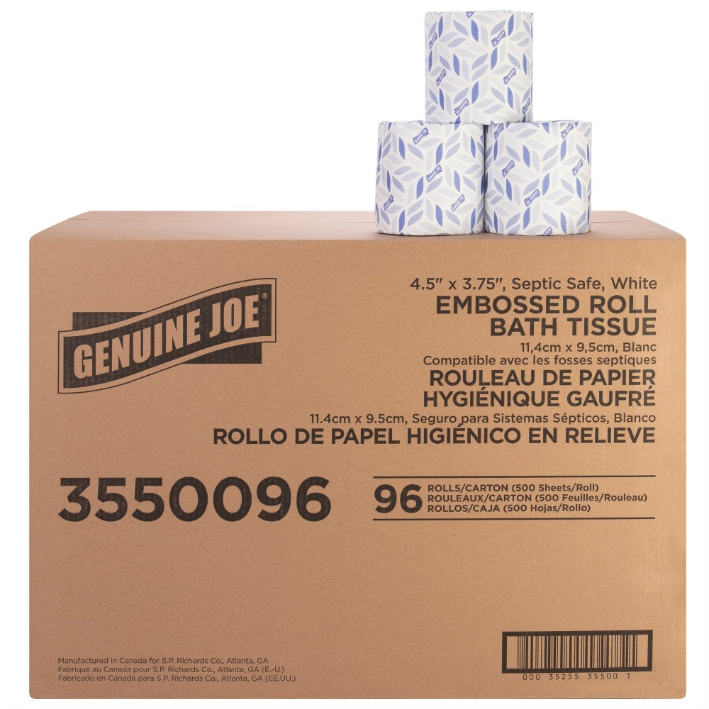 Genuine Joe 2-ply Bath Tissue - 2 Ply - 4.50in x 3in - 500 Sheets/Roll - White - Fiber - Perforated, Absorbent, Soft - For Bathroom, Restroom - 96 / Carton