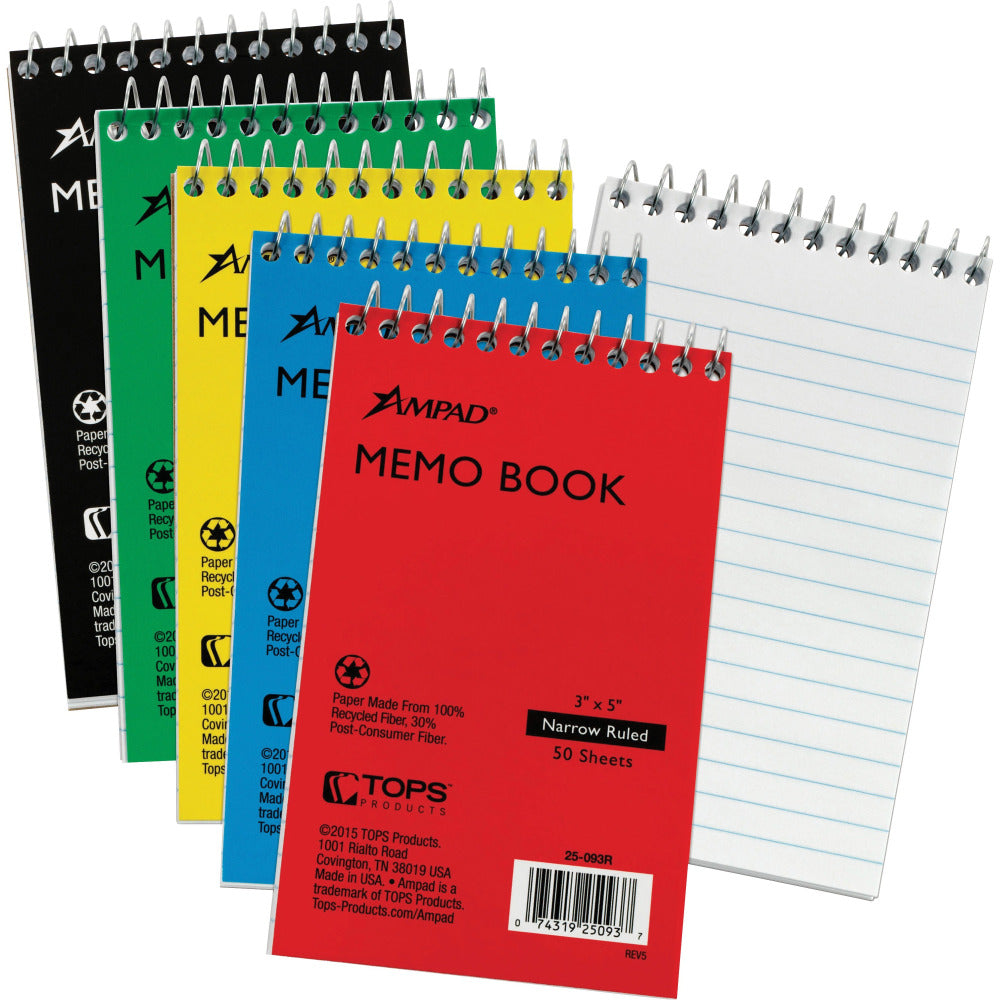 Ampad Memo Book, 3in x 5in, 50 Sheets, 100% Recycled, Assorted Colors, Pack Of 5