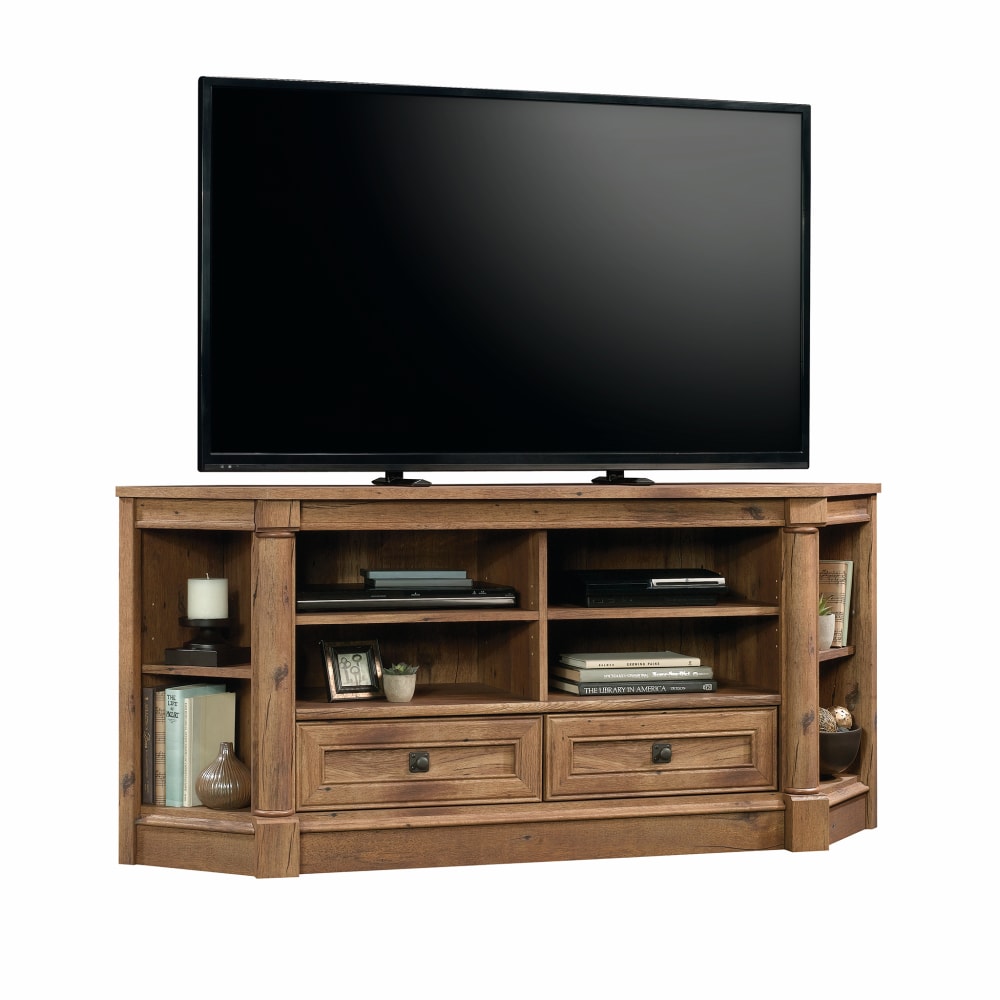 Sauder Palladia Corner Entertainment Credenza For 60in TVs, 27-3/8inH x 61-1/8inW x 18-1/2inD, Vintage Oak