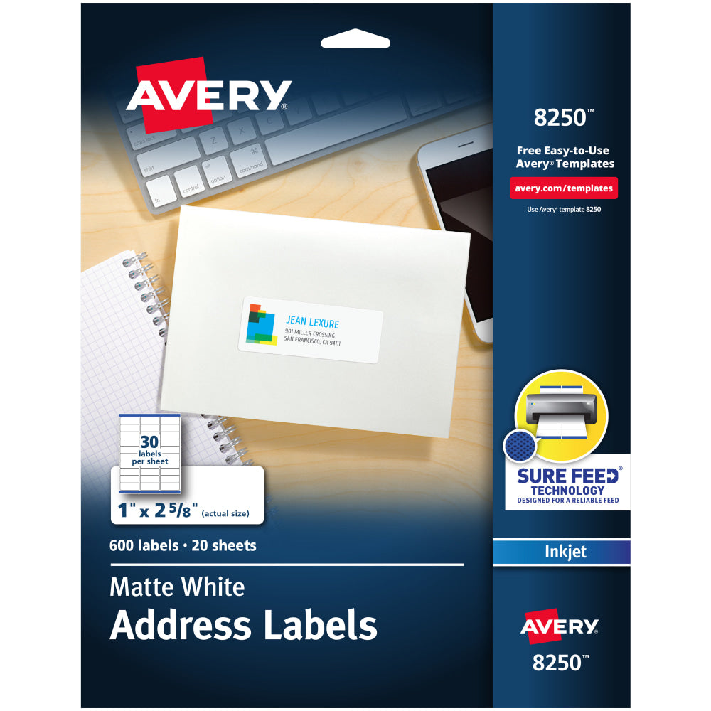 Avery Address Labels With Sure Feed Technology, 8250, Rectangle, 1in x 2-5/8in, White, Pack Of 600 Labels