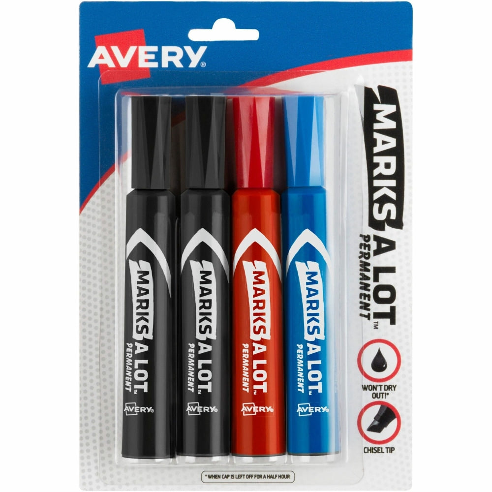 Avery Regular Desk Style Permanent Markers, Chisel Point, Black/Blue/Red Inks, Pack Of 4