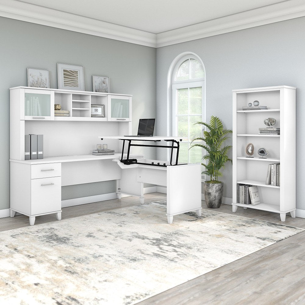 Bush Furniture Somerset 72inW 3-Position Sit-To-Stand L-Shaped Desk With Hutch And Bookcase, White, Standard Delivery