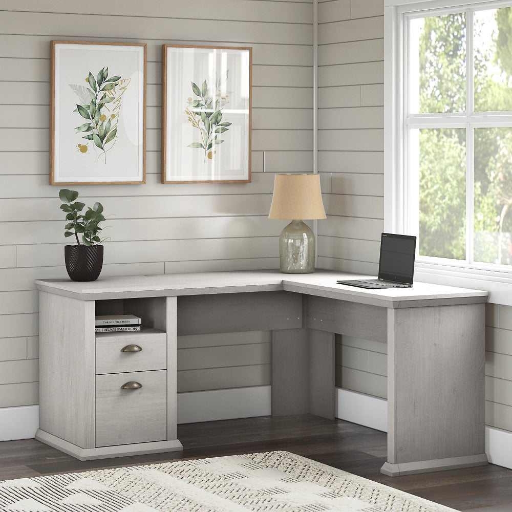 Bush Business Furniture Yorktown 60inW L-Shaped Corner Desk With Storage, Linen White Oak, Standard Delivery