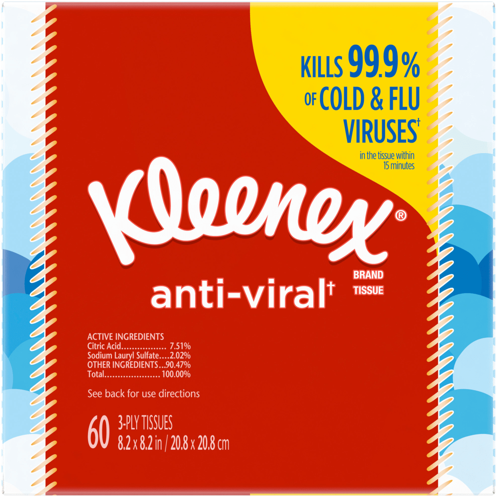 Kleenex Anti-Viral 3-Ply Facial Tissues, White, 60 Sheets Per Box