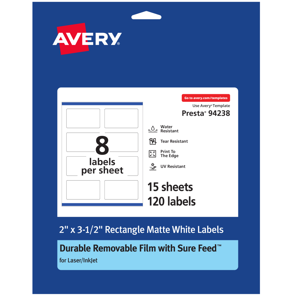 Avery Durable Removable Labels With Sure Feed, 94238-DRF15, Rectangle, 2in x 3-1/2in, White, Pack Of 120