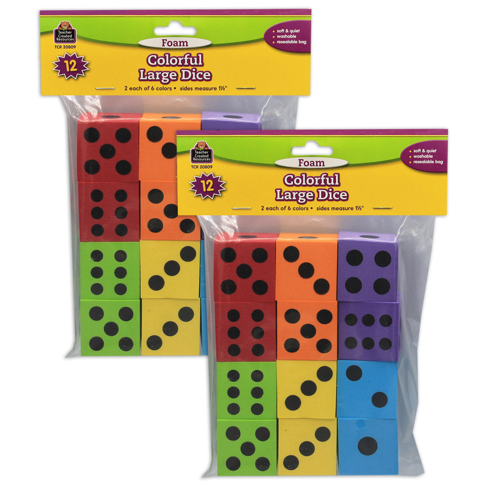 Teacher Created Resources Foam Dice, 1-1/2in, Assorted Colors, 12 Dice Per Pack, Set Of 2 Packs