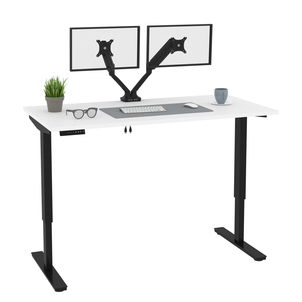 Bestar Universel Electric 60inW Standing Desk With Dual Monitor Arm, White