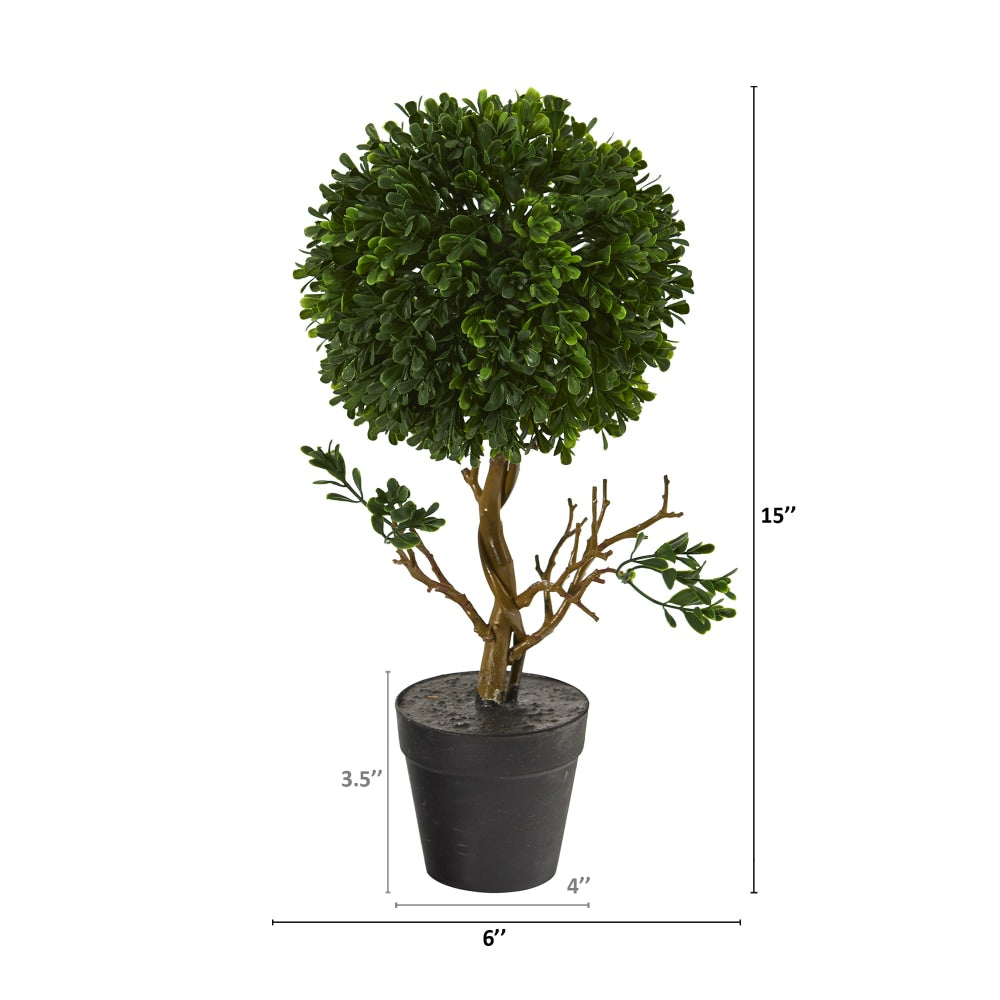 Nearly Natural Boxwood Topiary 15inH Artificial Tree With Planter, 15inH x 6inW x 6inD, Green/Black