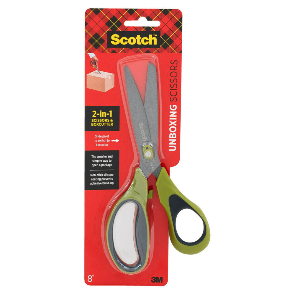 Scotch Non-Stick Unboxing Scissors, 8in, Pointed, Green