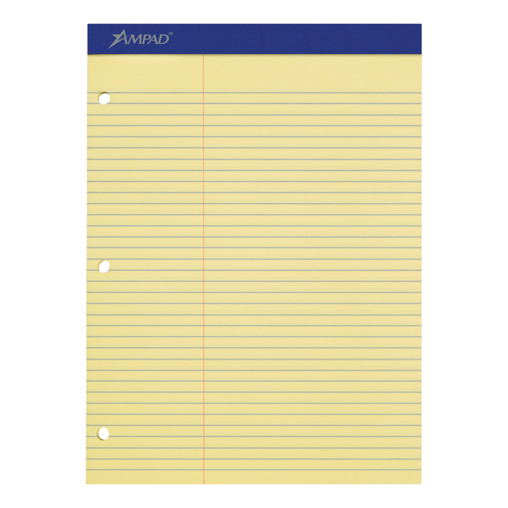 Ampad Perforated 3-Hole Punched Dual Writing Pad, Law Rule, 8 1/2in x 11 3/4in, Canary, 100 Sheets