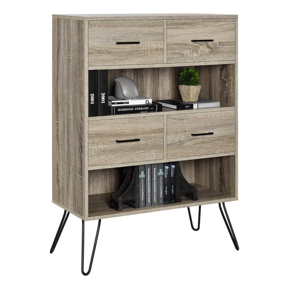 Ameriwood Home Landon Retro 44inH 2-Shelf Bookcase With Bins, Distressed Gray Oak