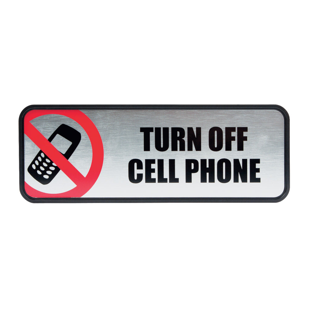 COSCO Turn Off Cell Phone Image/Message Sign - 1 Each - Turn Off Cell Phone Print/Message - 9in Width x 3in Height - Rectangular Shape - Metal - Silver, Red, Metallic