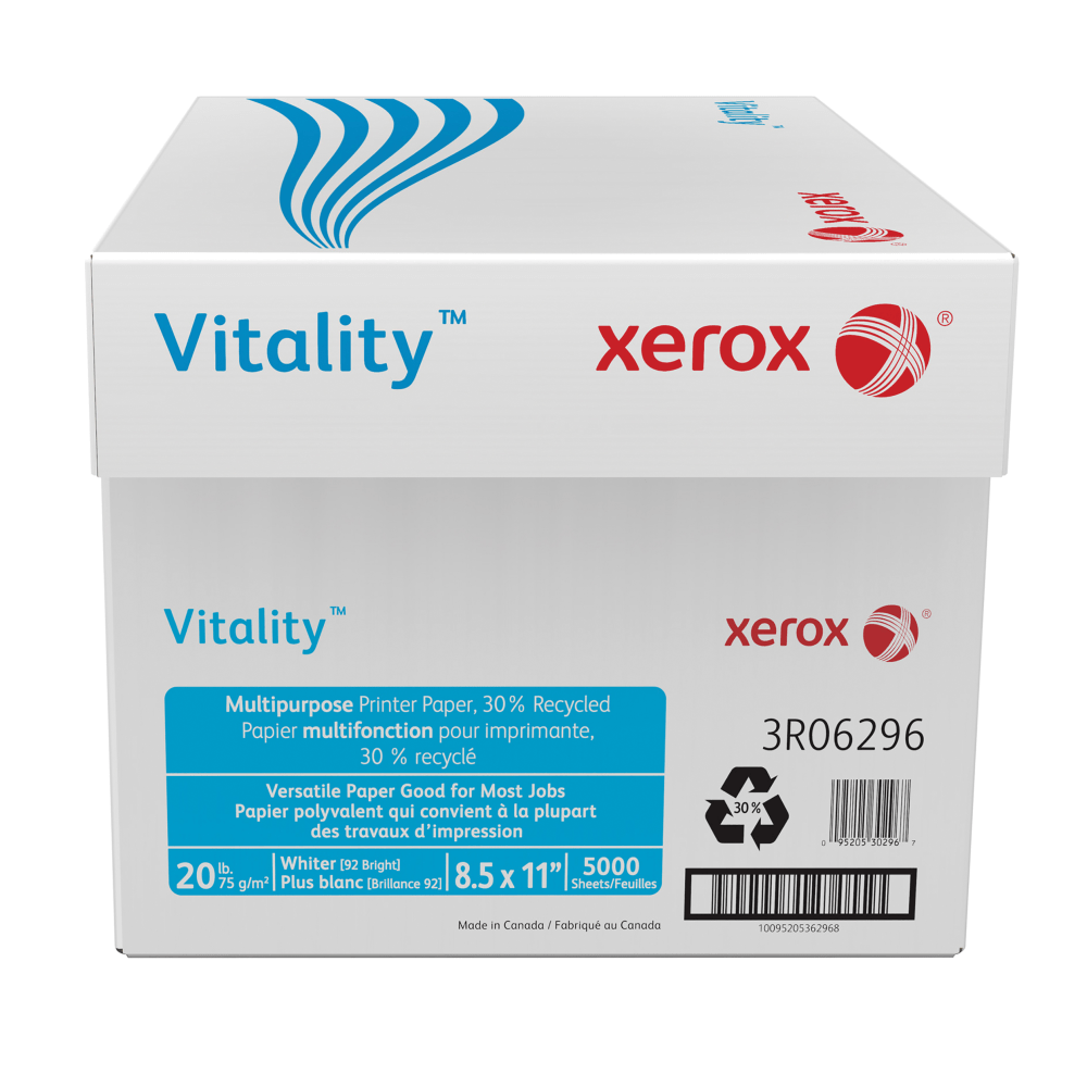 Xerox Vitality Multi-Use Printer & Copy Paper, White, Letter (8.5in x 11in), 5000 Sheets Per Case, 20 Lb, 92 Brightness, 30% Recycled, FSC Certified, Case Of 10 Reams