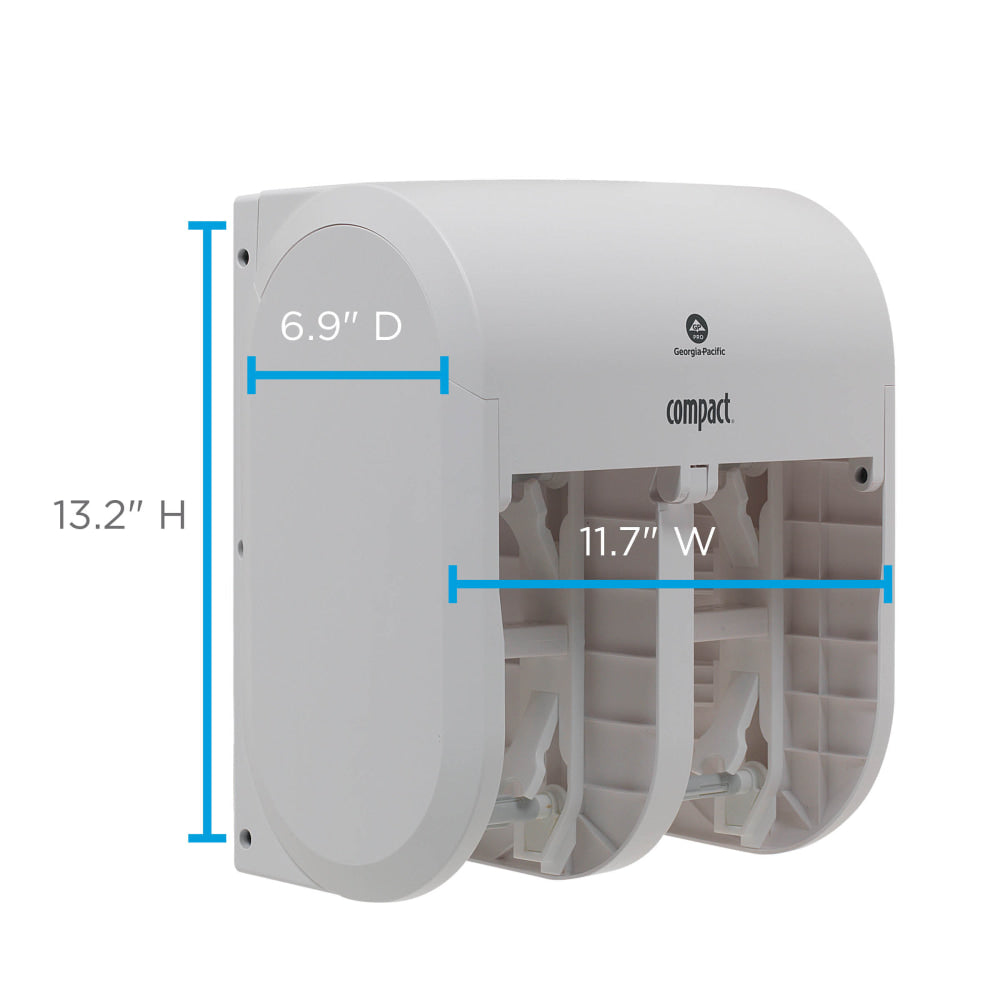 Compact Quad by GP PRO, 4-Roll Coreless High-Capacity Toilet Paper Dispenser, 56747A, 11.75in x 6.9in x 13.25in, White, 1 Dispenser