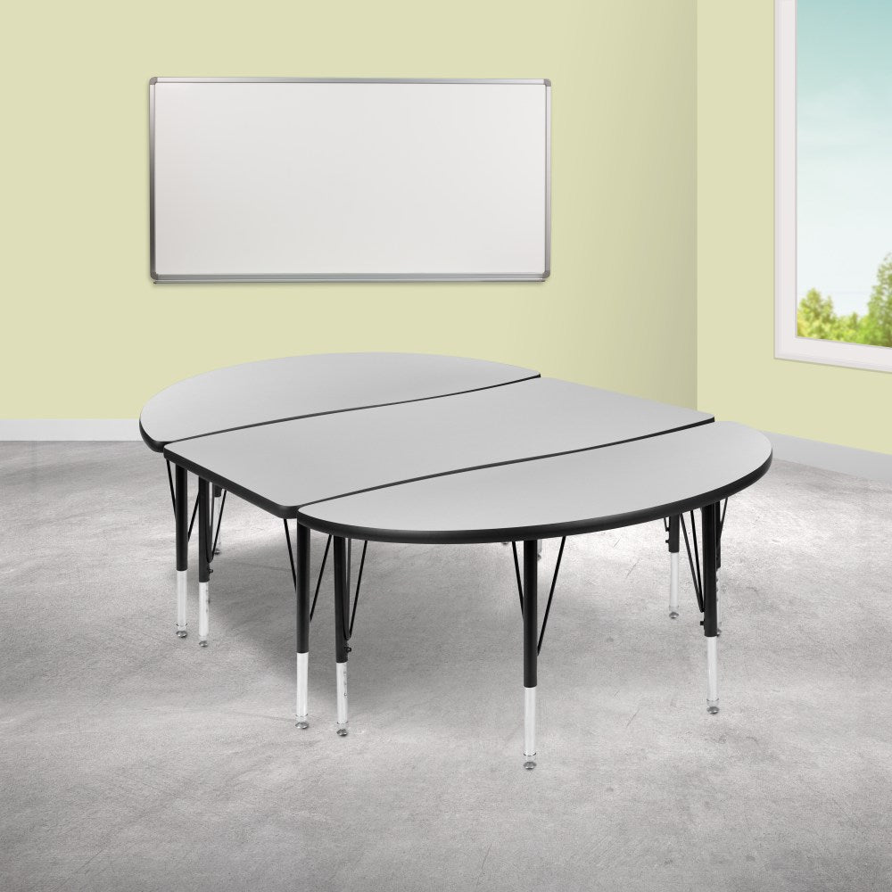 Flash Furniture Oval Wave Flexible Thermal Laminate 3-Piece Activity Table Set With Height-Adjustable Short Legs, 25-1/4inH x 47-1/2inW x 76inD, Gray