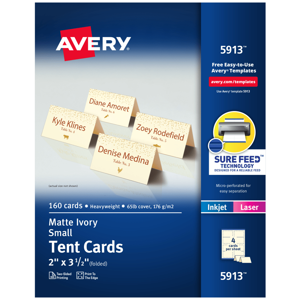 Avery Printable Small Tent Cards With Sure Feed Technology, For Laser Or Inkjet Printers, 2in x 3.5in, Ivory, 160 Blank Place Cards