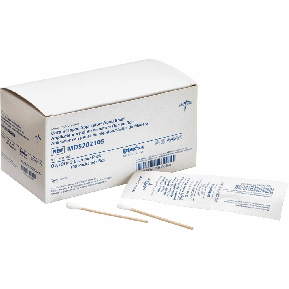 Medline Cotton Tip Applicators, 3in, Sterile, White, Box Of 200