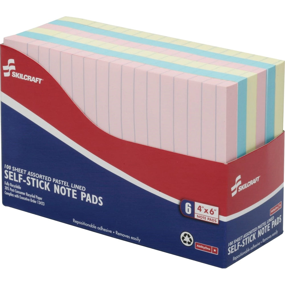 SKILCRAFT Self-Stick Notes, 4in x 6in, Assorted Pastel, Pack of 6