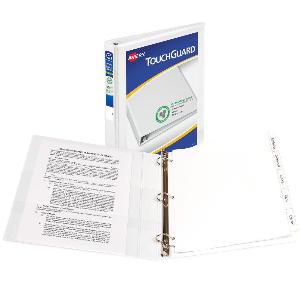 Avery TouchGuard Protection View 3 Ring Binder, 1in Slant Rings, White With Clear View Cover, 1 Binder