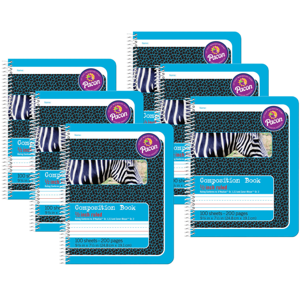 Pacon Primary Composition Books, 7-1/2in x 9-3/4in, 1/2in Ruled, 200 Pages (100 Sheets), Blue/Zebra, Pack Of 6 Notebooks