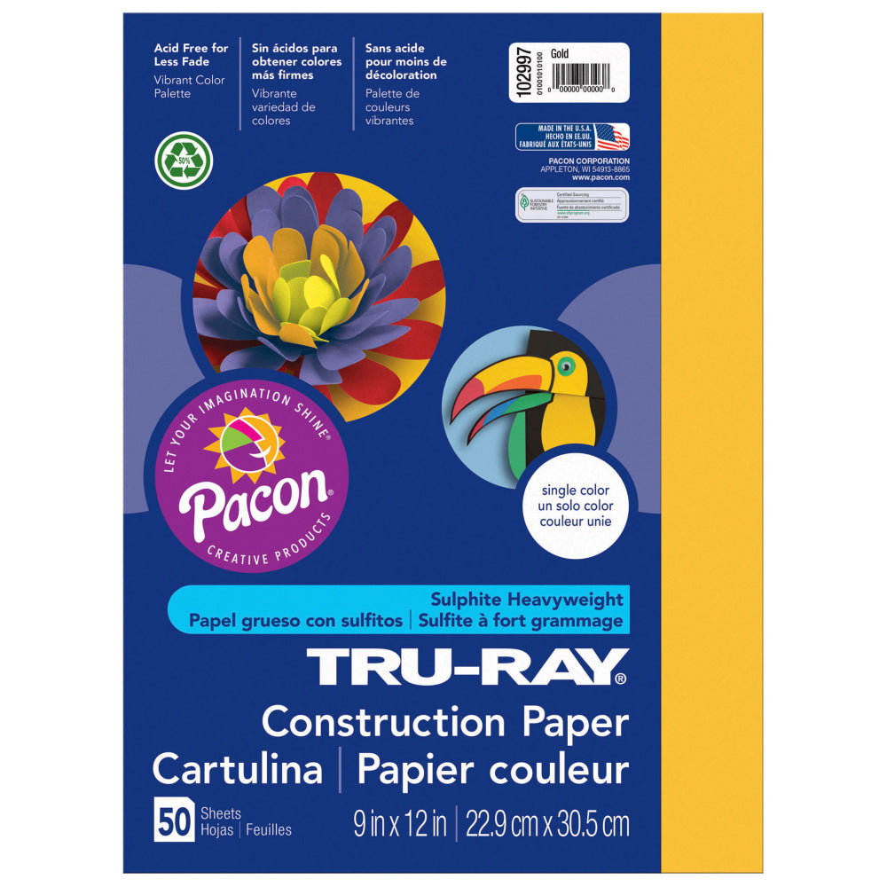 Tru-Ray Construction Paper, 9in x 12in, Gold, 50 Sheets Per Pack, Set Of 5 Packs