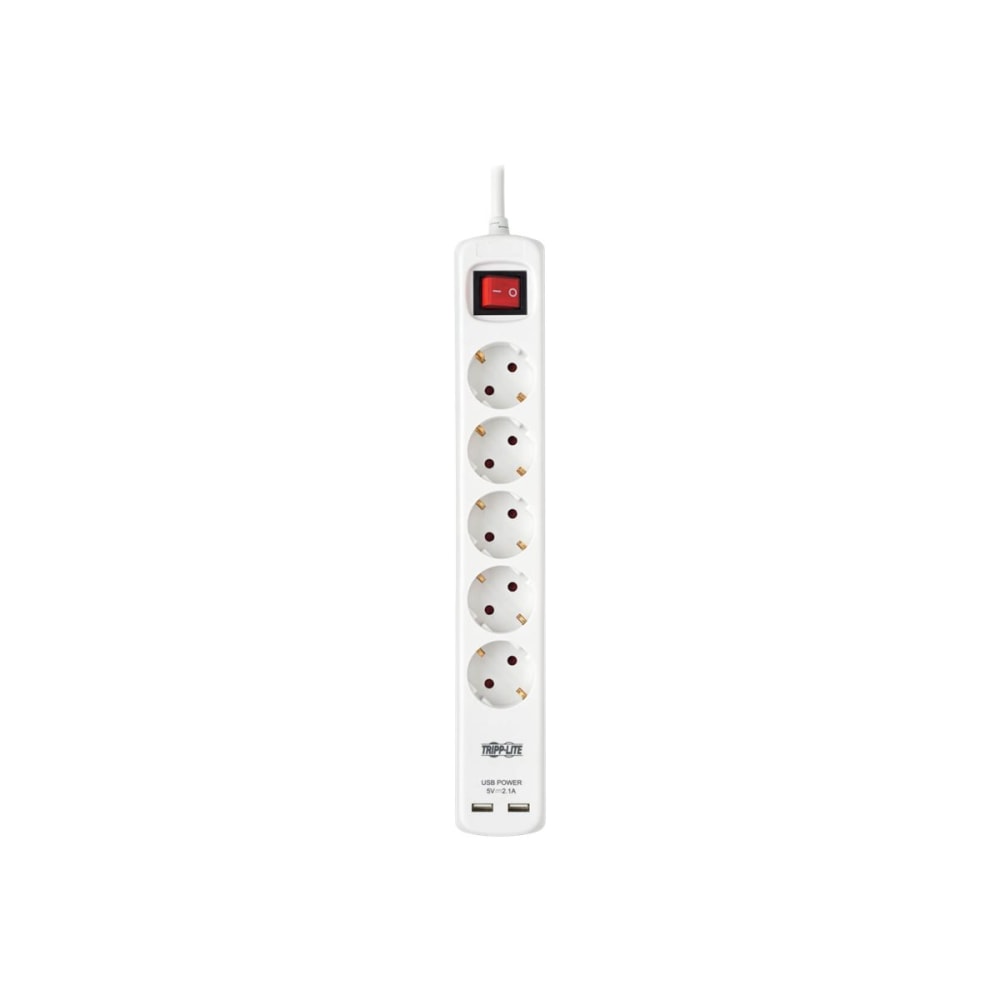 Tripp Lite 5-Outlet Power Strip with USB-A Charging - Schuko Outlets, 220-250V, 16A, 3 m Cord, Schuko Plug, White - Power strip - 16 A - AC 230 V - input: Type E - output connectors: 5 (2 x USB, 5 x power Type F) - 10 ft cord - white