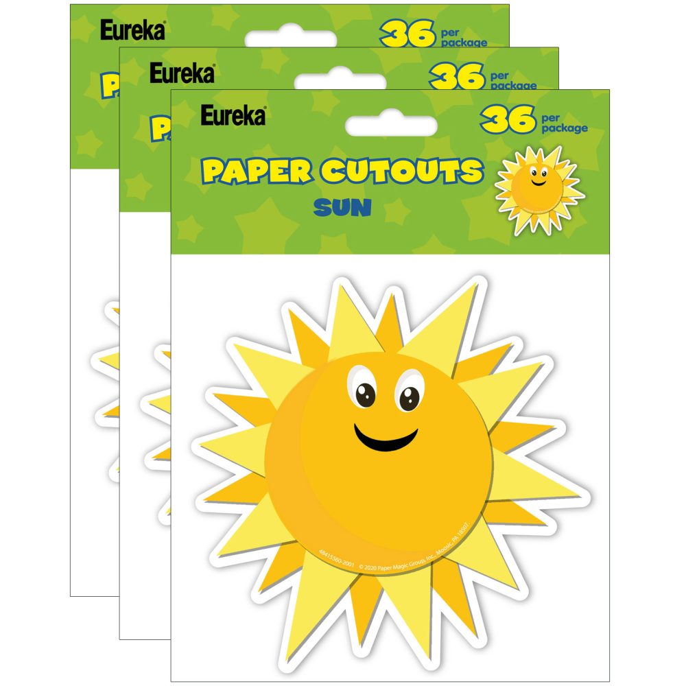 Eureka Paper Cut-Outs, Growth Mindset Sun, 36 Cut-Outs Per Pack, Set Of 3 Packs