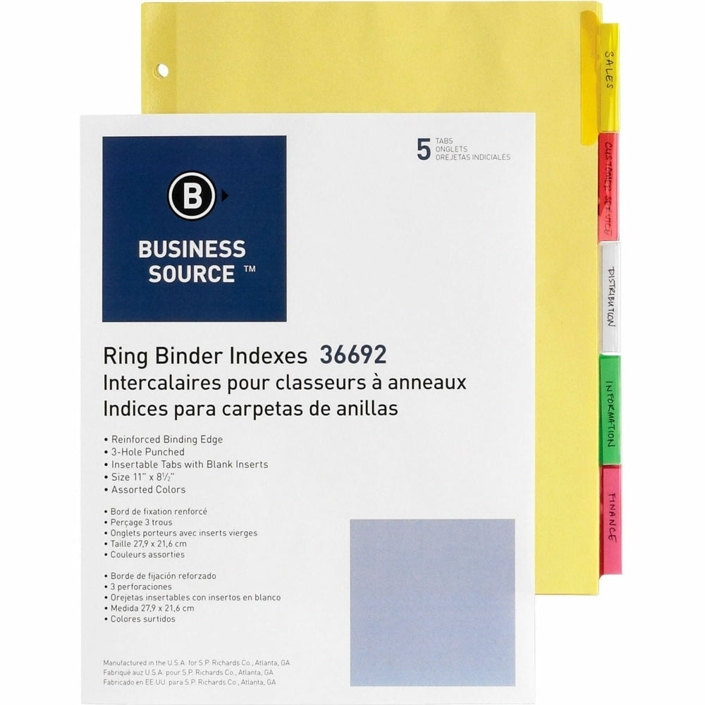 Business Source Insertable Tab Ring Binder Indexes, 8-1/2in x 11in, Multicolor, Set of 5