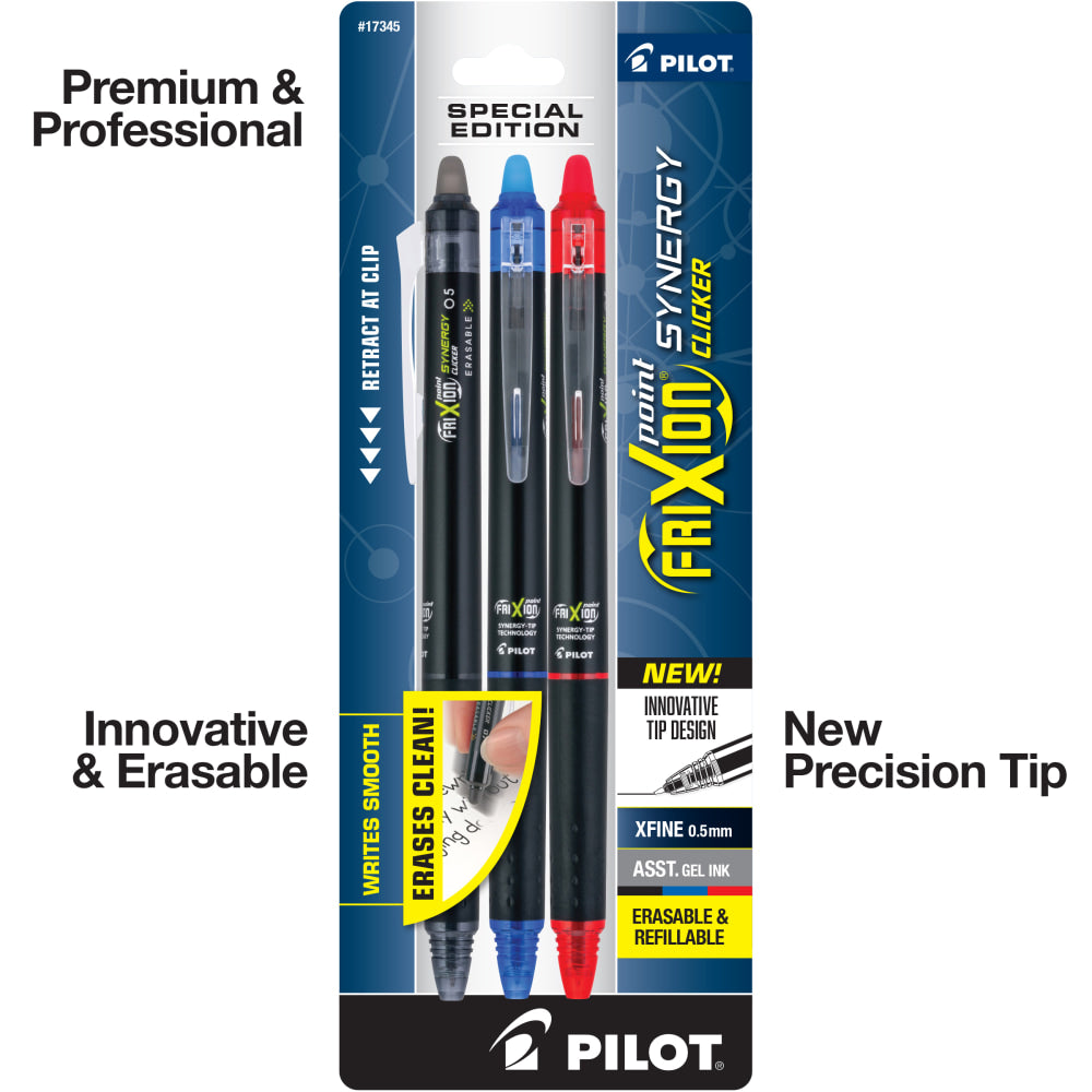 Pilot FriXion Synergy Clicker Erasable Retractable Gel Pens, Extra-Fine Point, 0.5 mm, Black Barrel, Assorted Ink, Pack Of 3 Pens