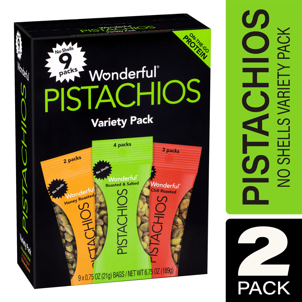 Wonderful Pistachios No-Shell Variety Pack, 0.75 Oz, 9 Bags Per Pack, Case Of 2 Packs