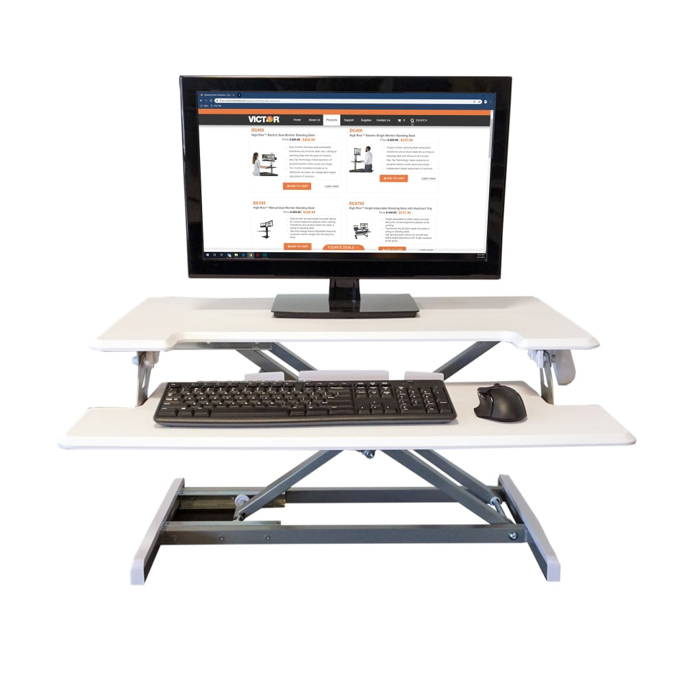 Victor High Rise 33inW Adjustable Compact Standing Desk With Keyboard Tray, White