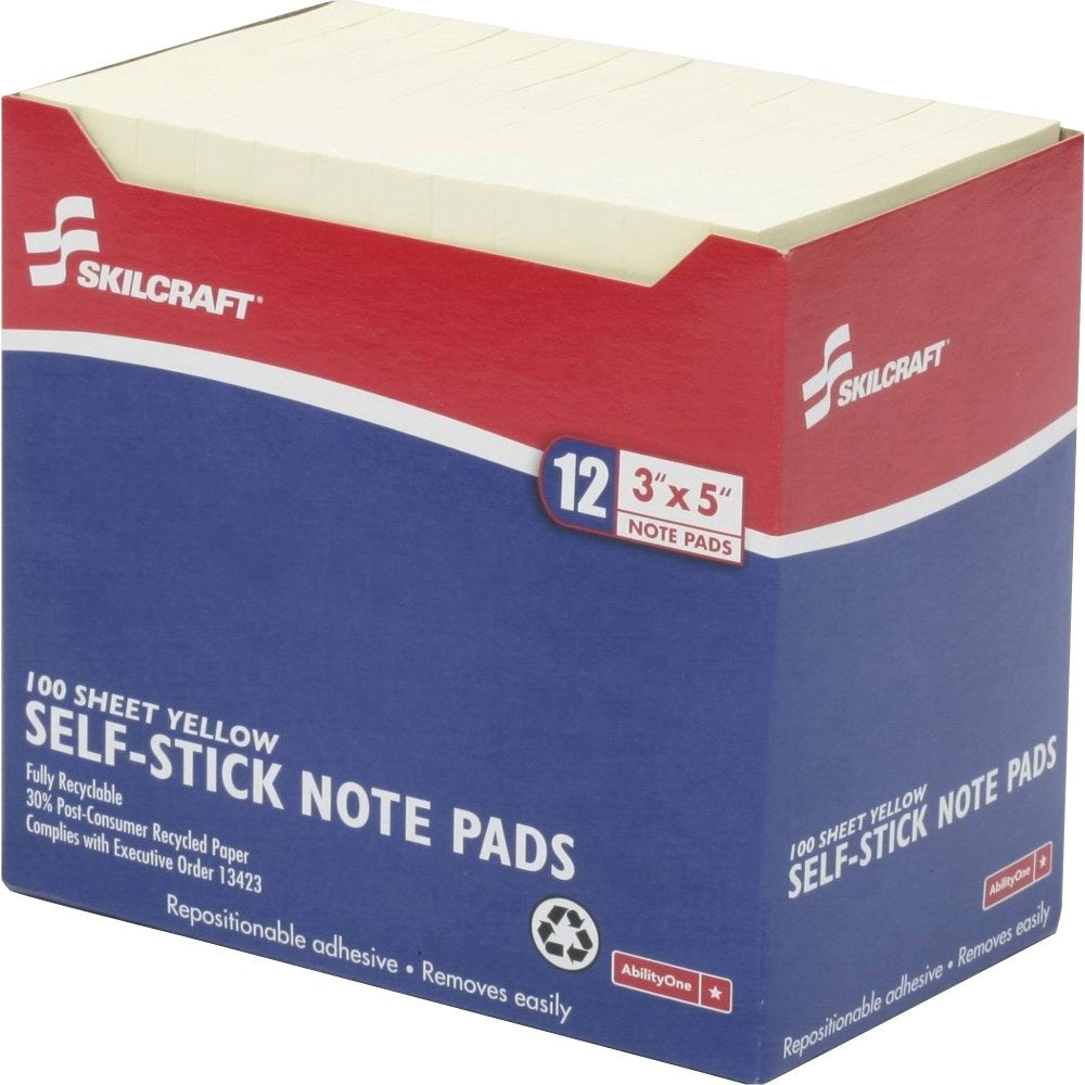 SKILCRAFT 3in x 5in 30% Recycled Self-Stick Notes, Yellow (AbilityOne 7530-01-116-7865)