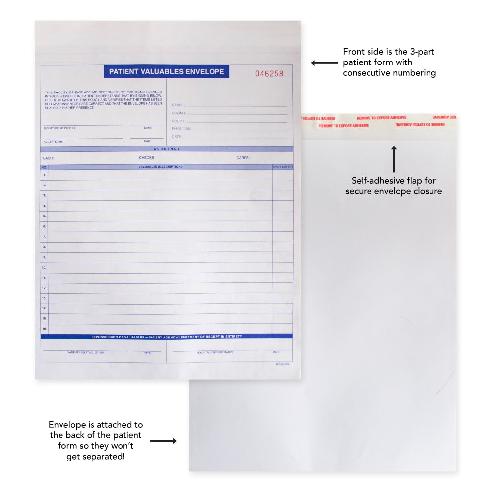 Patient Valuables Form and Heavy Duty Paper Envelope, Sequentially Numbered, 9in x 12in, 3 part, Pack of 2,500