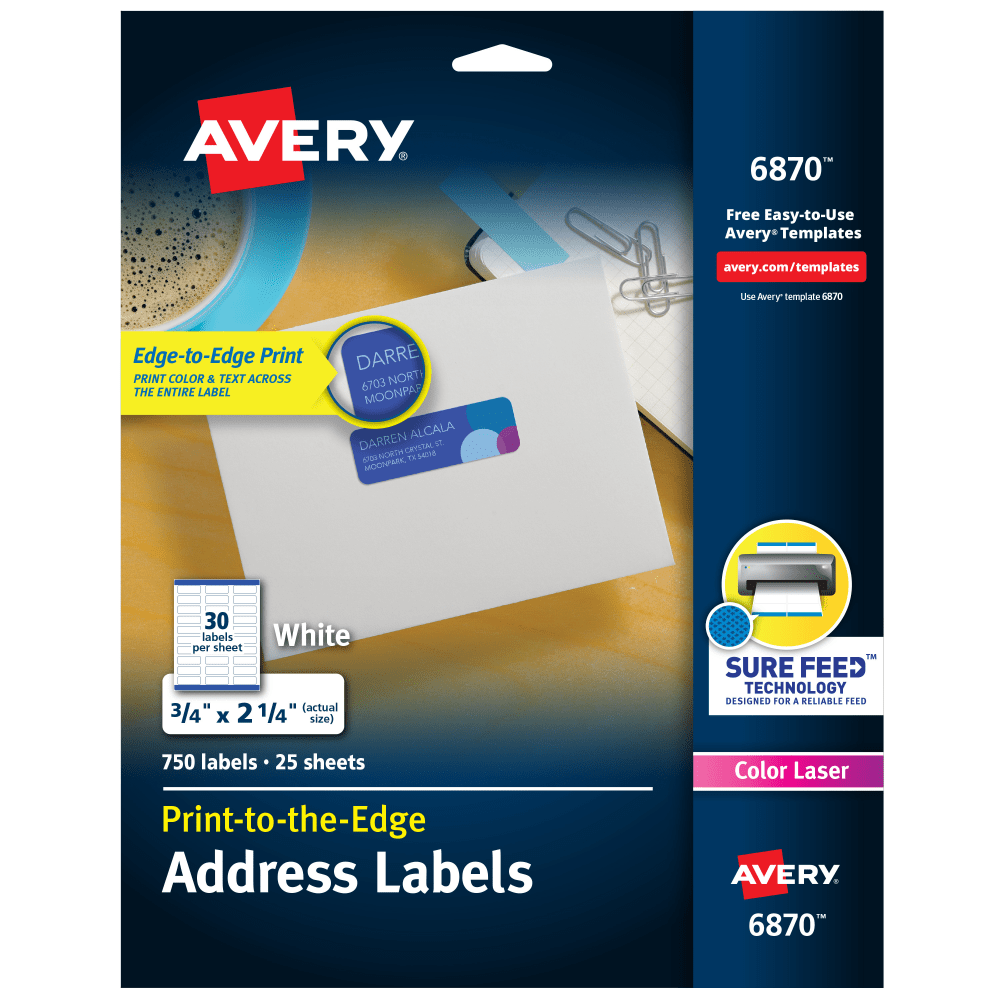 Avery Print-to-the-Edge Copier Address Labels - 3/4in Width x 2 1/4in Length - Permanent Adhesive - Rectangle - Laser - White - Paper - 30 / Sheet - 25 Total Sheets - 750 Total Label(s) - 750 / Pack