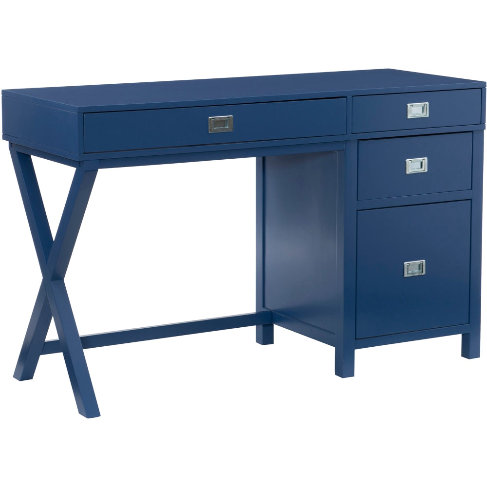 Linon Ari 48inW Home Office Writing Desk With Side Storage, Navy/Silver