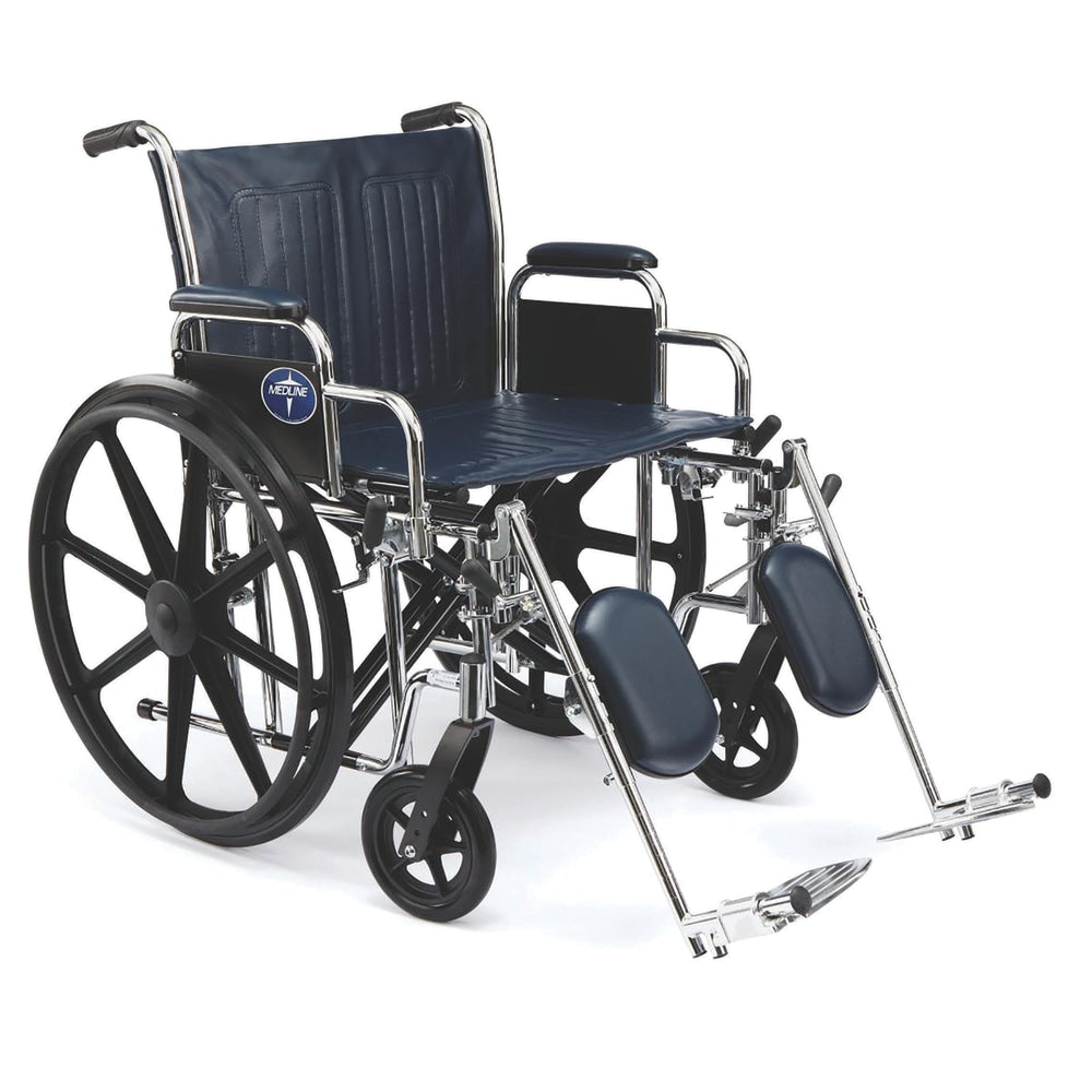 Medline Excel Extra-Wide Wheelchair, Elevating, 20in Seat, Navy/Chrome