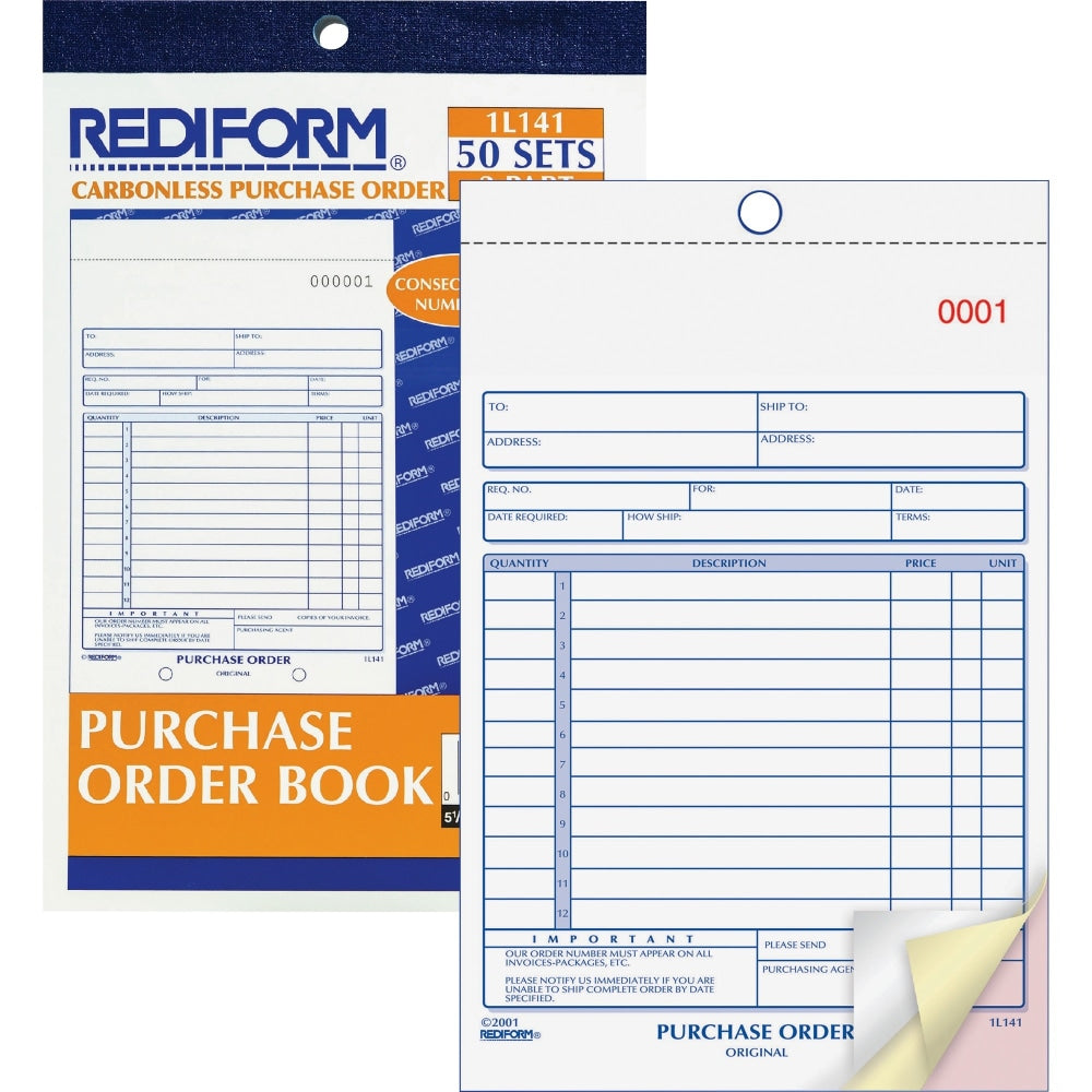 Rediform 3-Part Carbonless Purchase Order Book - 50 Sheet(s) - 3 PartCarbonless Copy - 5.50in x 7.87in Sheet Size - White, Canary, Pink - Blue Print Color - 1 Each