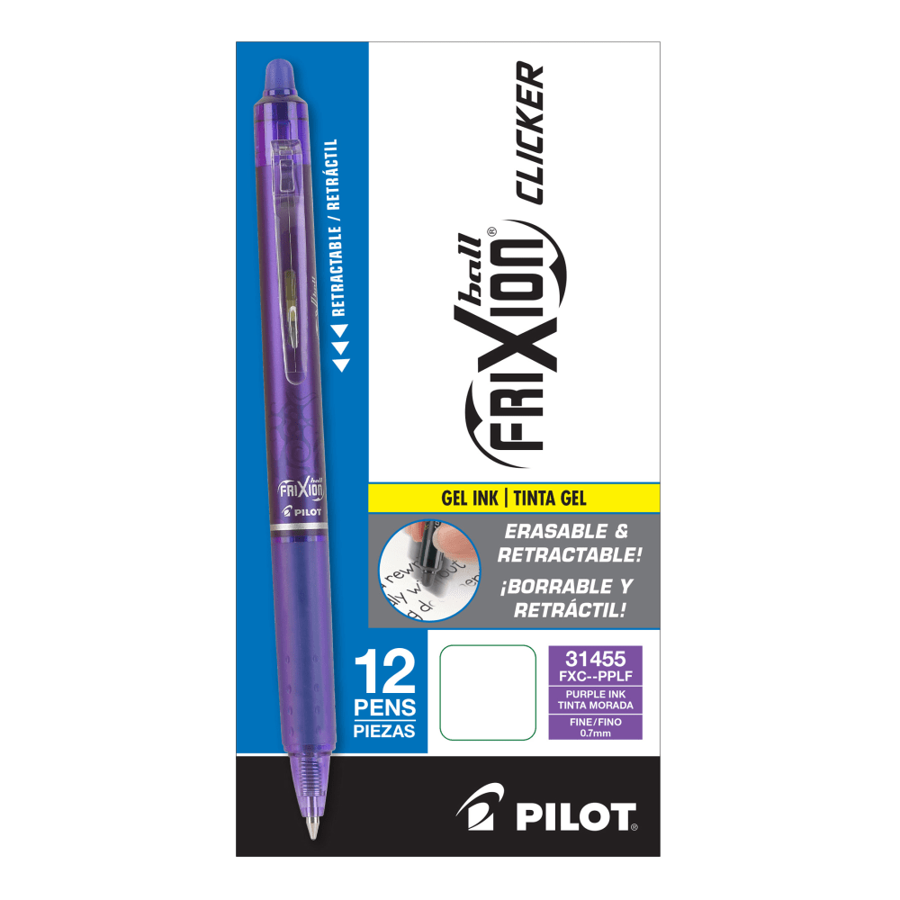 Pilot FriXion Clicker Erasable Gel Pens, Pack Of 12, Fine Point, 0.7 mm, Purple Barrel, Purple Ink