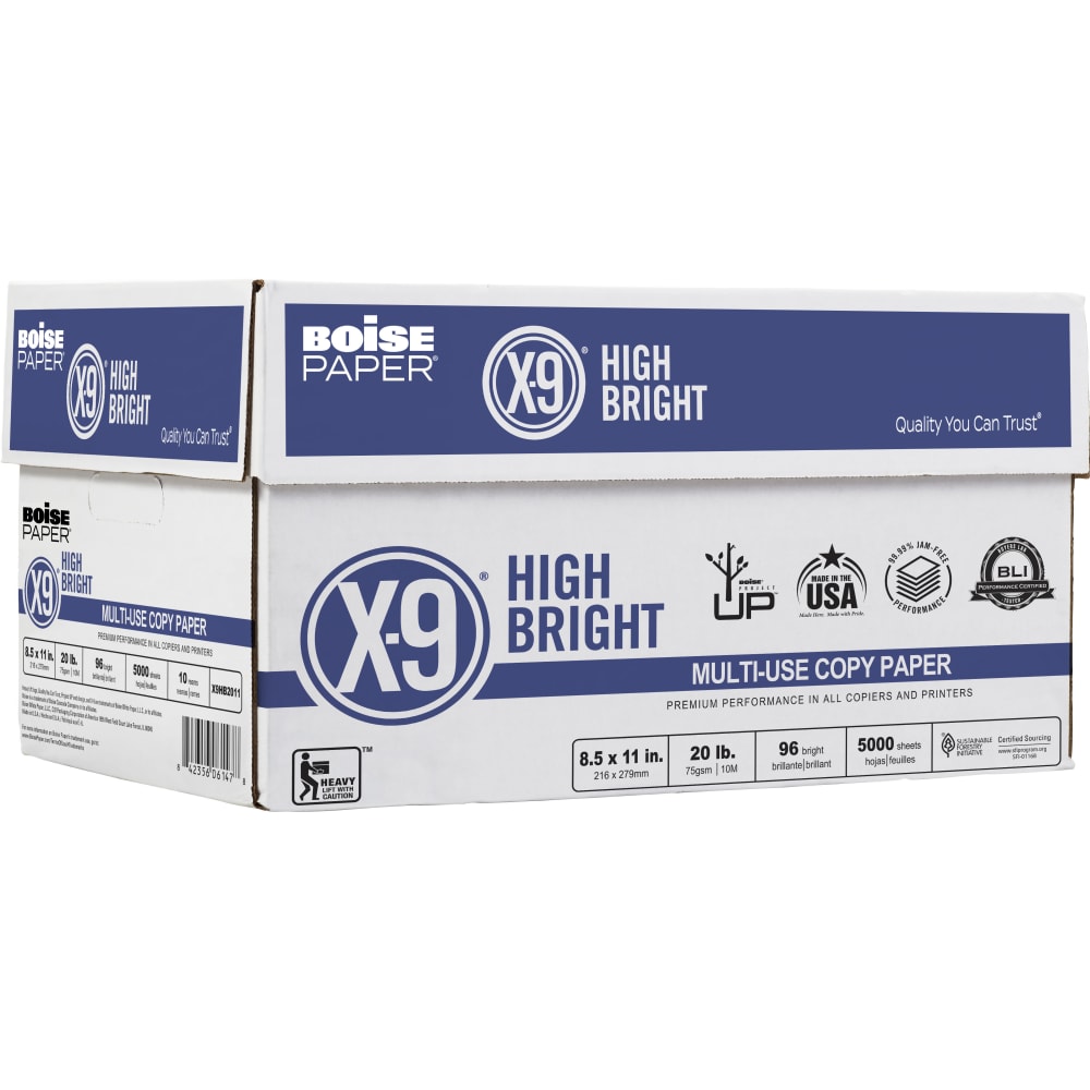 Boise X-9 High Bright Multi-Use Printer & Copy Paper, White, Letter (8.5in x 11in), 5000 Sheets Per Case, 20 Lb, 96 Brightness, Case Of 10 Reams