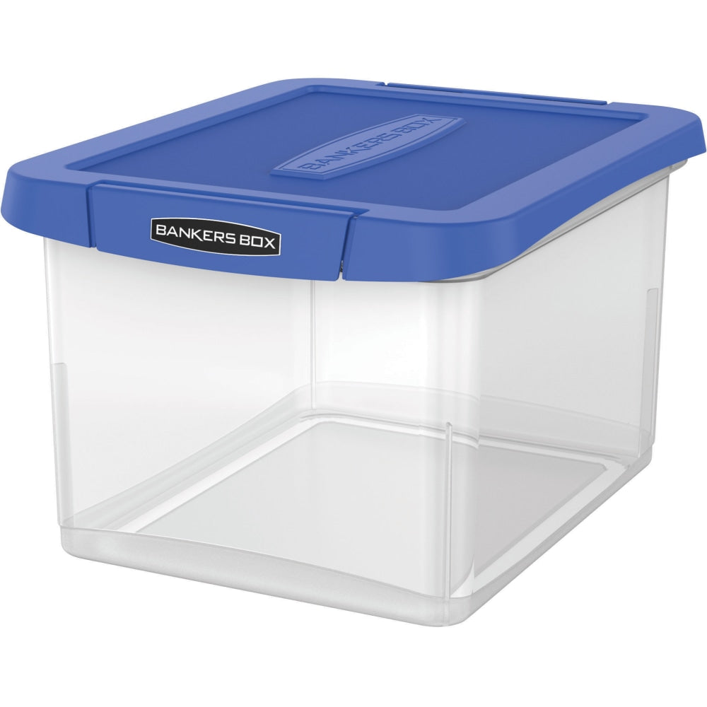 Bankers Box Heavy-Duty Portable Storage File Box, Letter/Legal Size, 10 5/8in x 14 3/16in x 17 3/8in, Clear/Blue