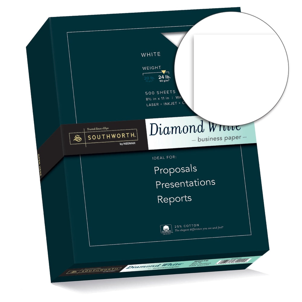 Southworth Diamond White 25% Cotton Business Paper, 8 1/2in x 11in, 24 Lb, White, Box Of 500