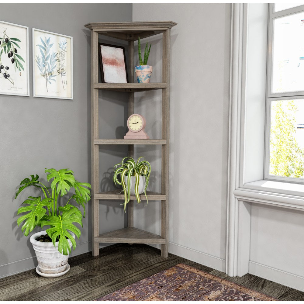 New Ridge Home Goods 60inH 5-Shelf Corner Bookcase, Washed Gray