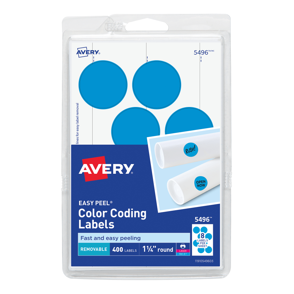 Avery Removable Color-Coding Labels, 5496, 1-1/4in Diameter, Light Blue, Pack Of 400